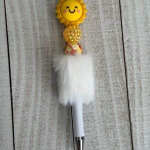 White Faux Fur Yellow Sun Kids Pen - Cute Plush Accessory